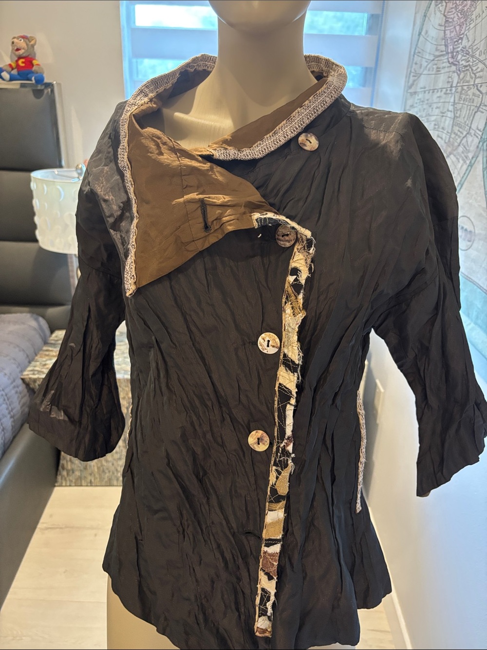Black Long-Sleeve Wrap Dress with Asymmetrical Button Front